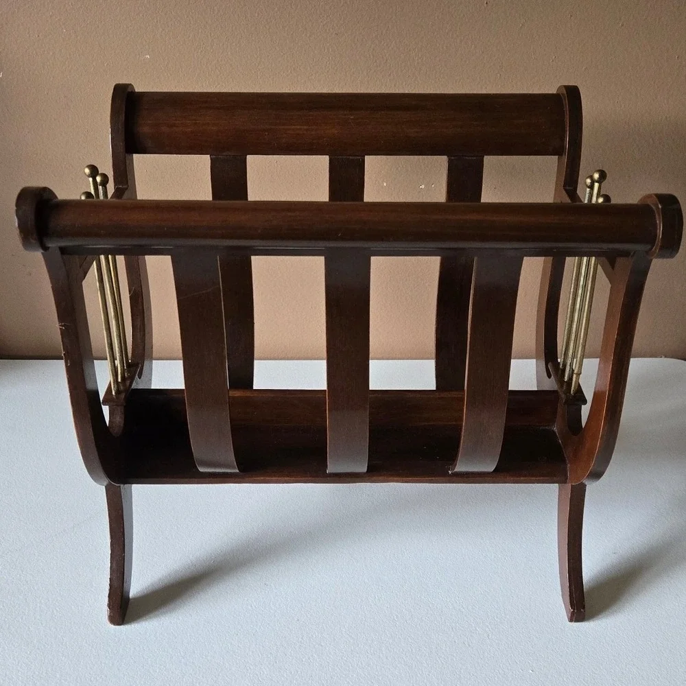 Vintage Brandt Mahogany Magazine Rack Brass Lyre Canterbury Hagerstown MD 3506
